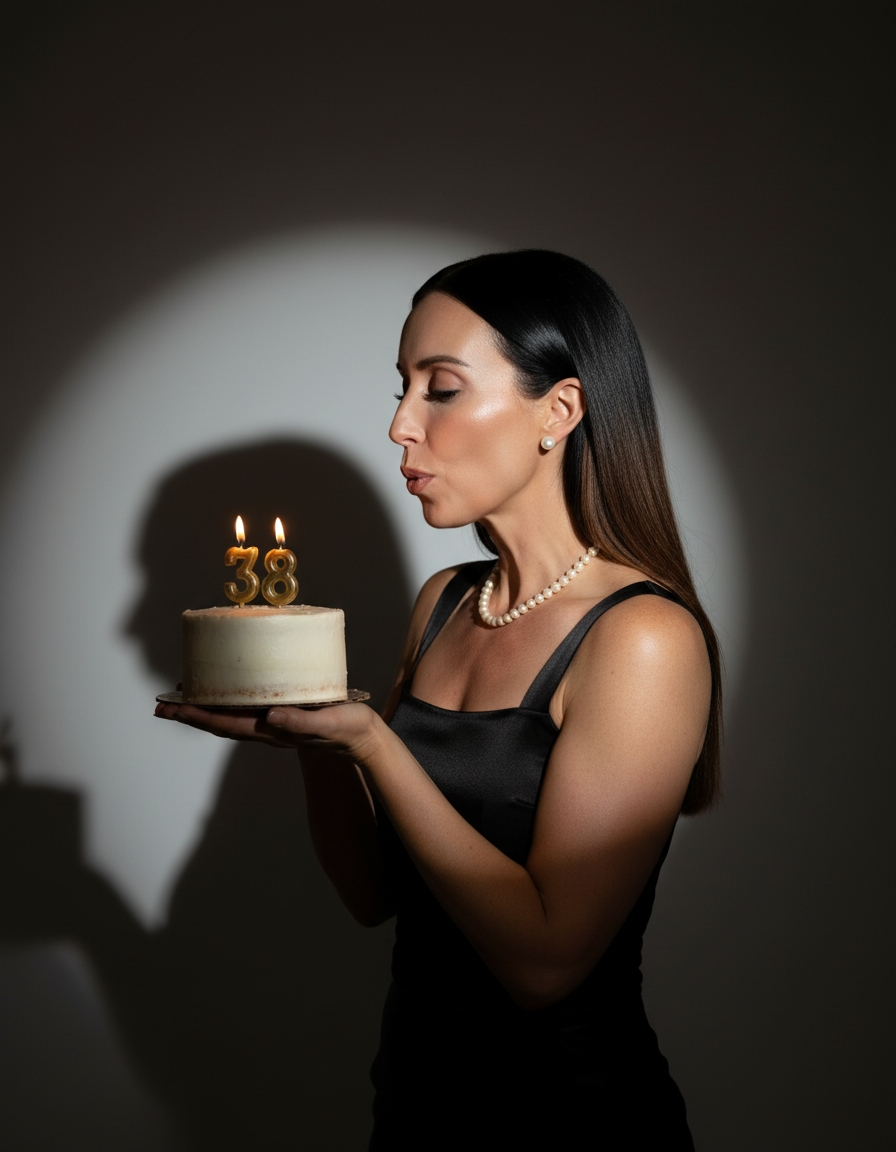 Madison blowing out a 38 candle, dramatic spotlight against a dark wall